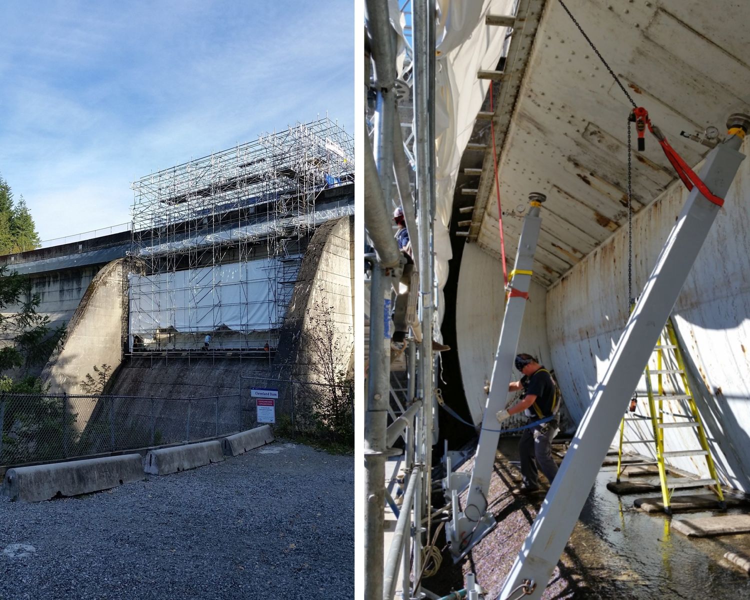Scaffolded drum gate at Cleveland Dam and a worker resurfacing the gate