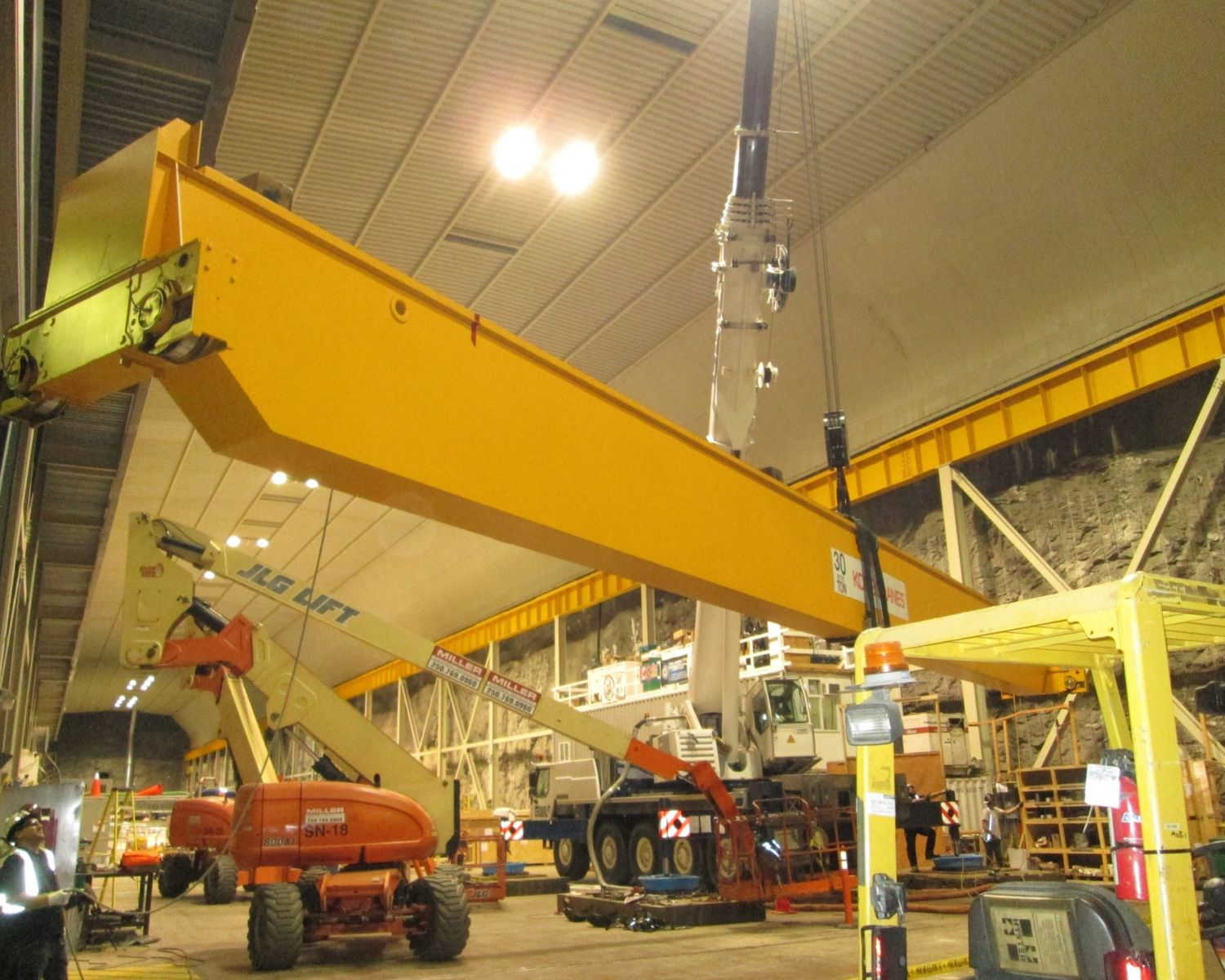 Overhead crane beam installation in the Mica powerhouse